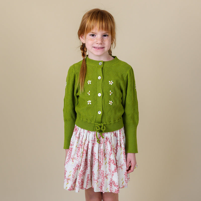 MOSS CARDIGAN, OLIVE GREEN AND OPALINE