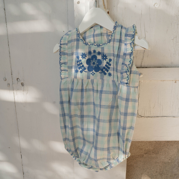 FLORA ROMPER, MINTY CHEX WITH EMBROIDERY