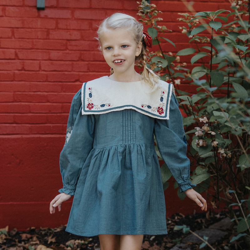 KAYLA DRESS, TEAPOT BLUE WITH GARDEN EMBROIDERY