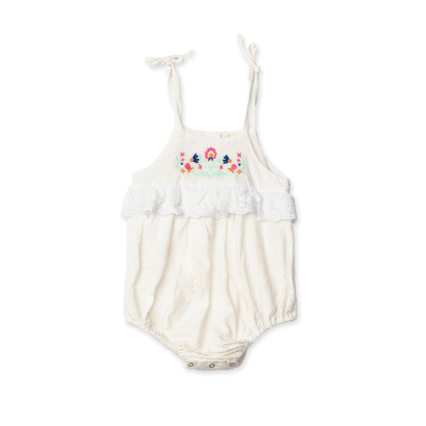 SUMMER FLORAL ROMPER, PEARL WITH EMBROIDERY