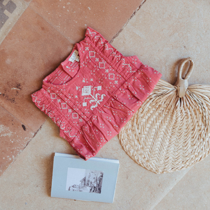 LITTLE FLORA ROMPER, CORAL CROSSSTITCH