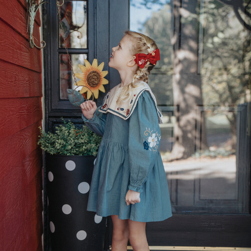 KAYLA DRESS, TEAPOT BLUE WITH GARDEN EMBROIDERY