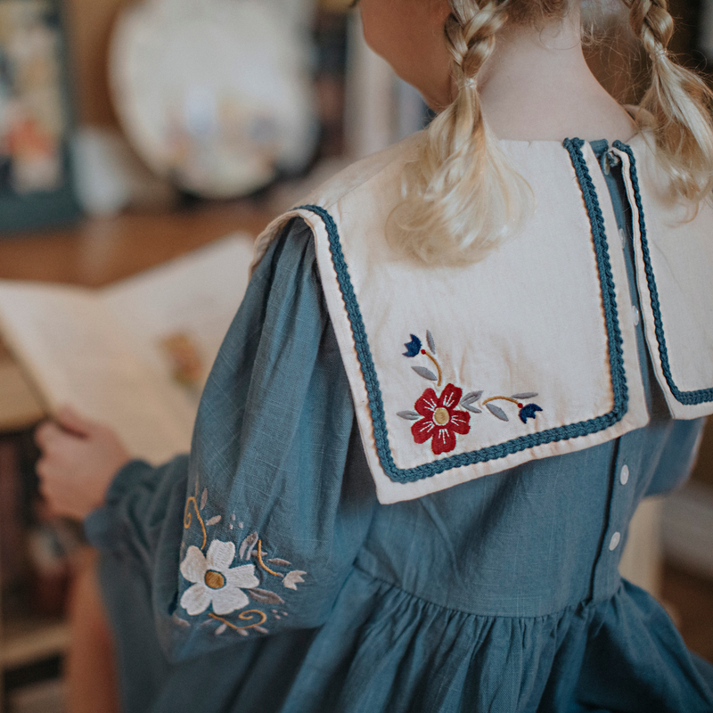 KAYLA DRESS, TEAPOT BLUE WITH GARDEN EMBROIDERY