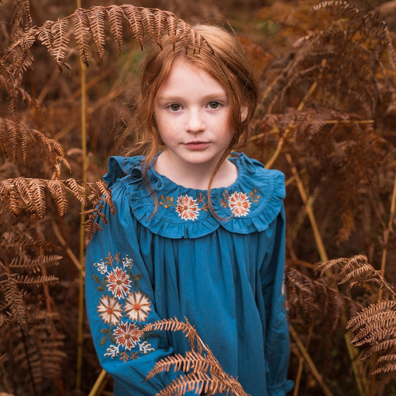 BELLE DRESS, AZURE WITH EMBROIDERY