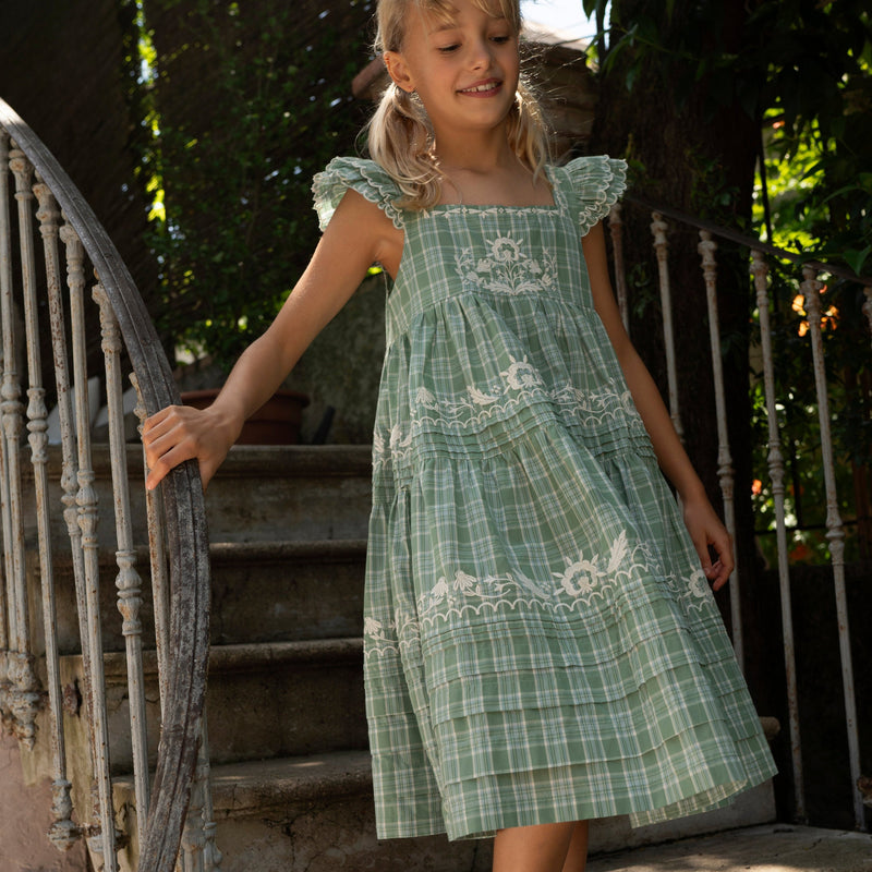 NANETTE DRESS, GARDEN PLAID WITH EMBROIDERY