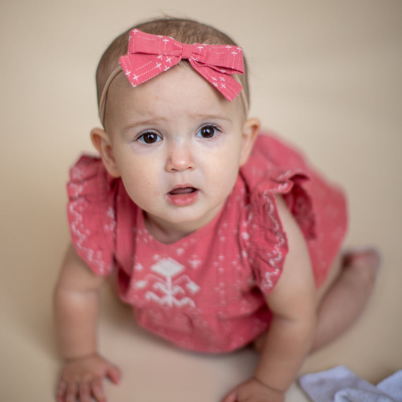 LITTLE FLORA ROMPER, CORAL CROSSSTITCH