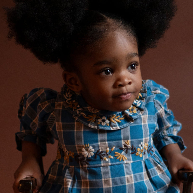 JUNIPER ROMPER, AZURE PLAID WITH EMBROIDERY