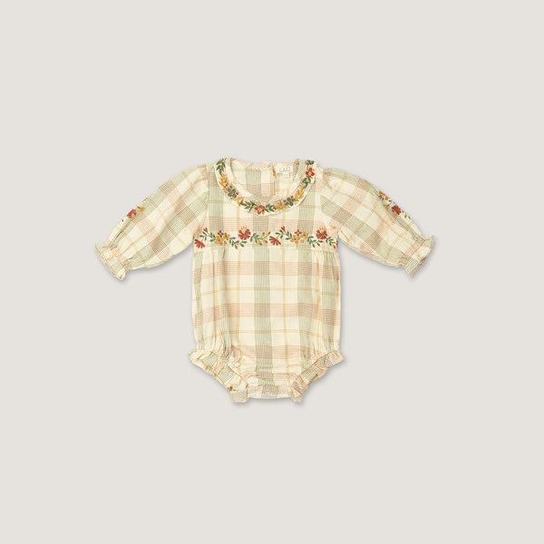 JUNIPER ROMPER, HARVEST PLAID WITH EMBROIDERY