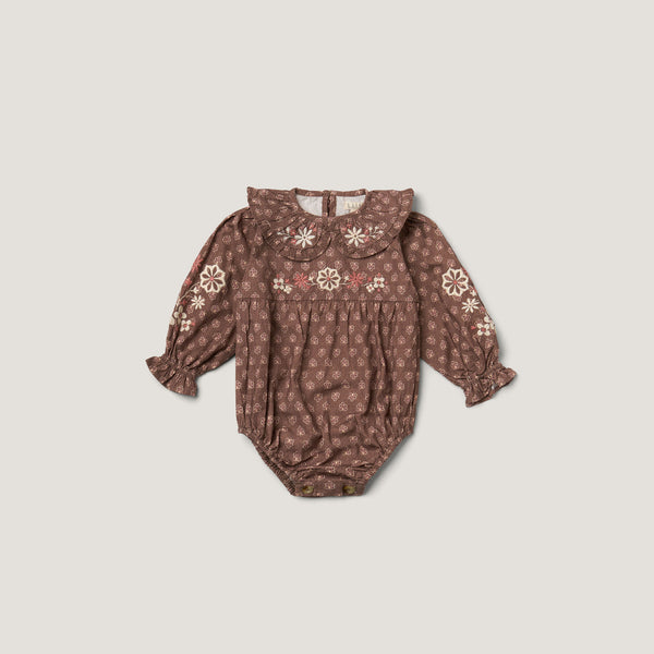 LITTLE BELLE ROMPER, BROWN BLOCK PRINT