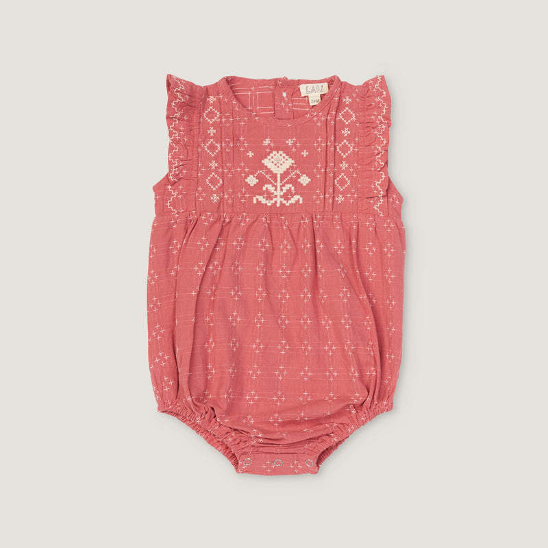 LITTLE FLORA ROMPER, CORAL CROSSSTITCH