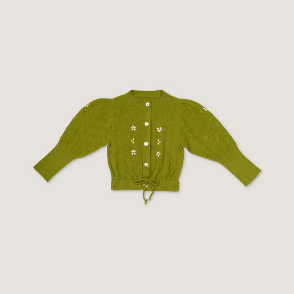 MOSS CARDIGAN, OLIVE GREEN AND OPALINE