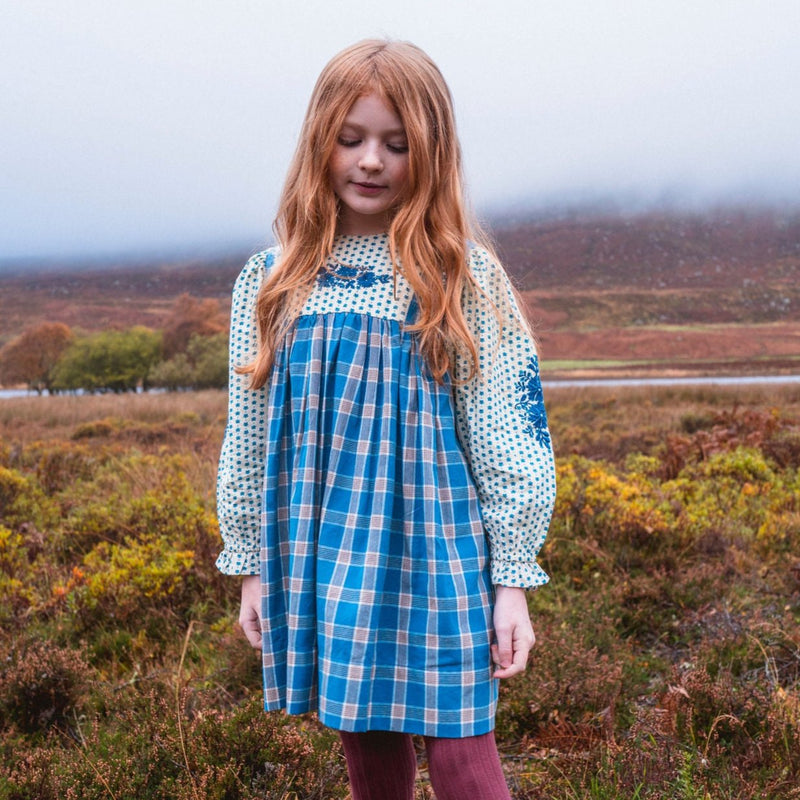 NORA DRESS, HEARTS AND AZURE PLAID WITH EMBROIDERY