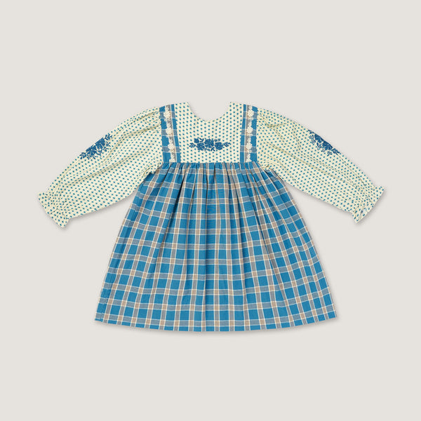 NORA DRESS, HEARTS AND AZURE PLAID WITH EMBROIDERY